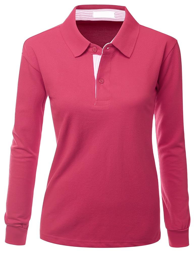 トップス polo sport long sleeve T Womens Casual Basic Sporty Long Sleeve Polo Collar Top Pink
